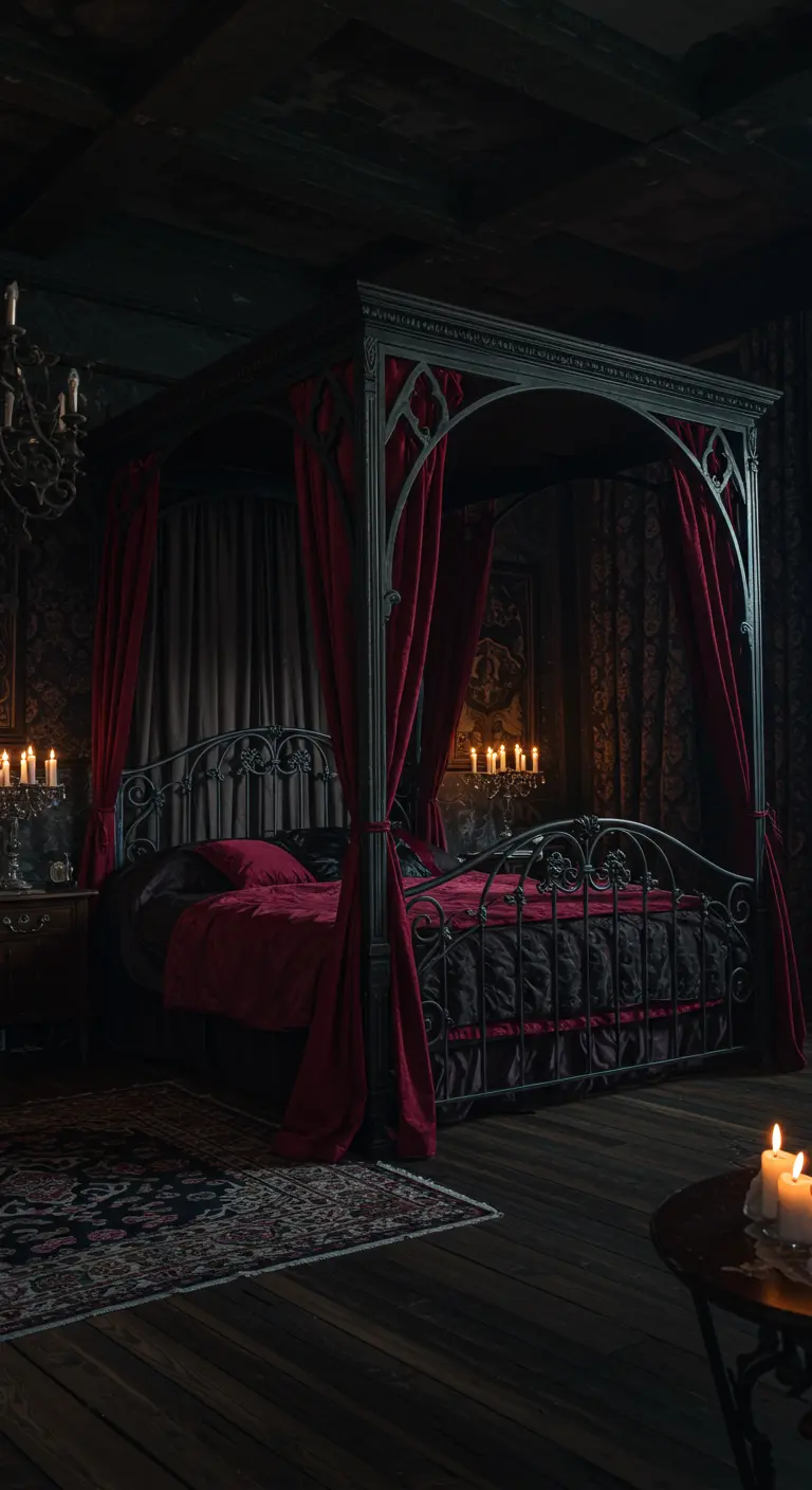 Zwart smeedijzeren hemelbed met rode fluwelen gordijnen in gothic stijl.