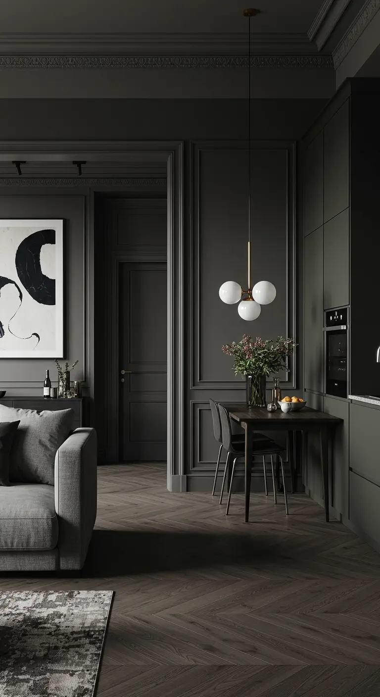 Chique donkergrijze open keuken en woonkamer met ton-sur-ton kleurenpalet en kunst.