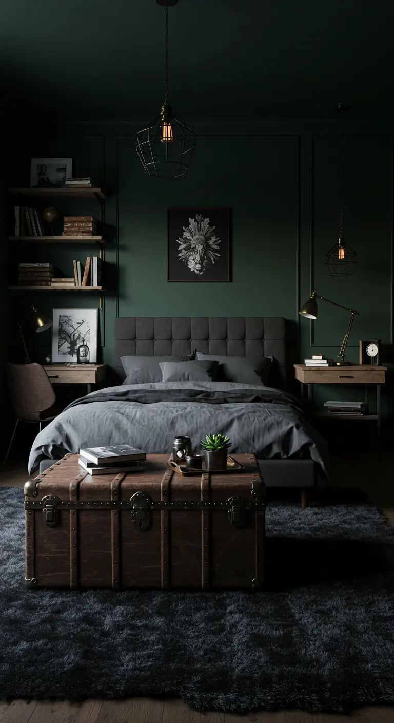 Donkere, sfeervolle logeerkamer met industrieel bed en een oude kist als tafel.