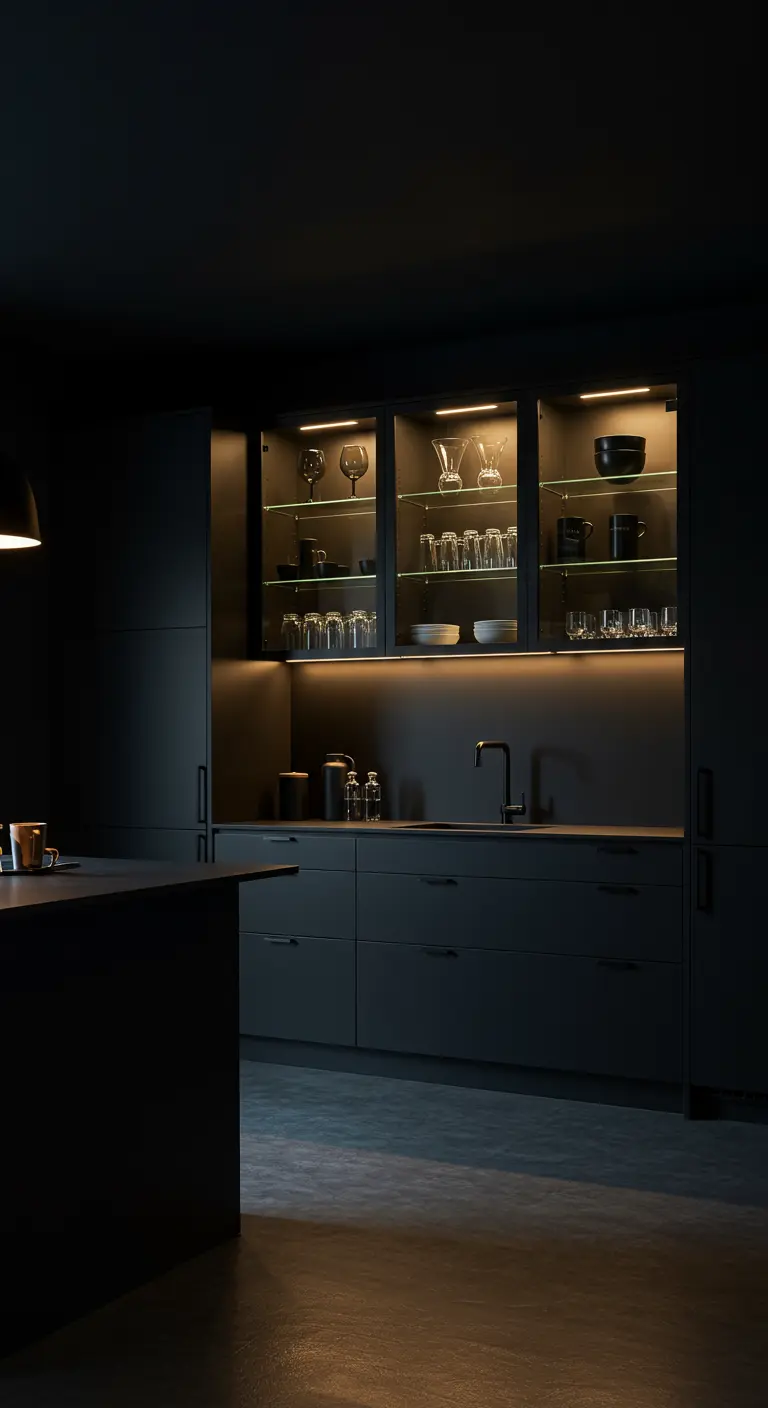 Donkere, sfeervolle zwarte keuken met warm verlichte glazen vitrinekasten.
