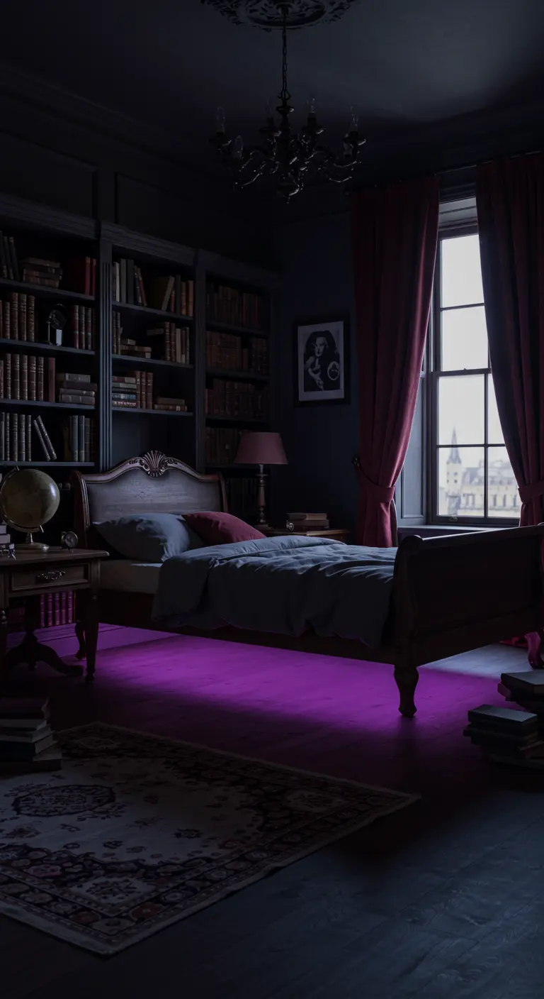 Donkere slaapkamer met boekenkasten, een klassiek bed en dieppaarse LED-verlichting eronder.