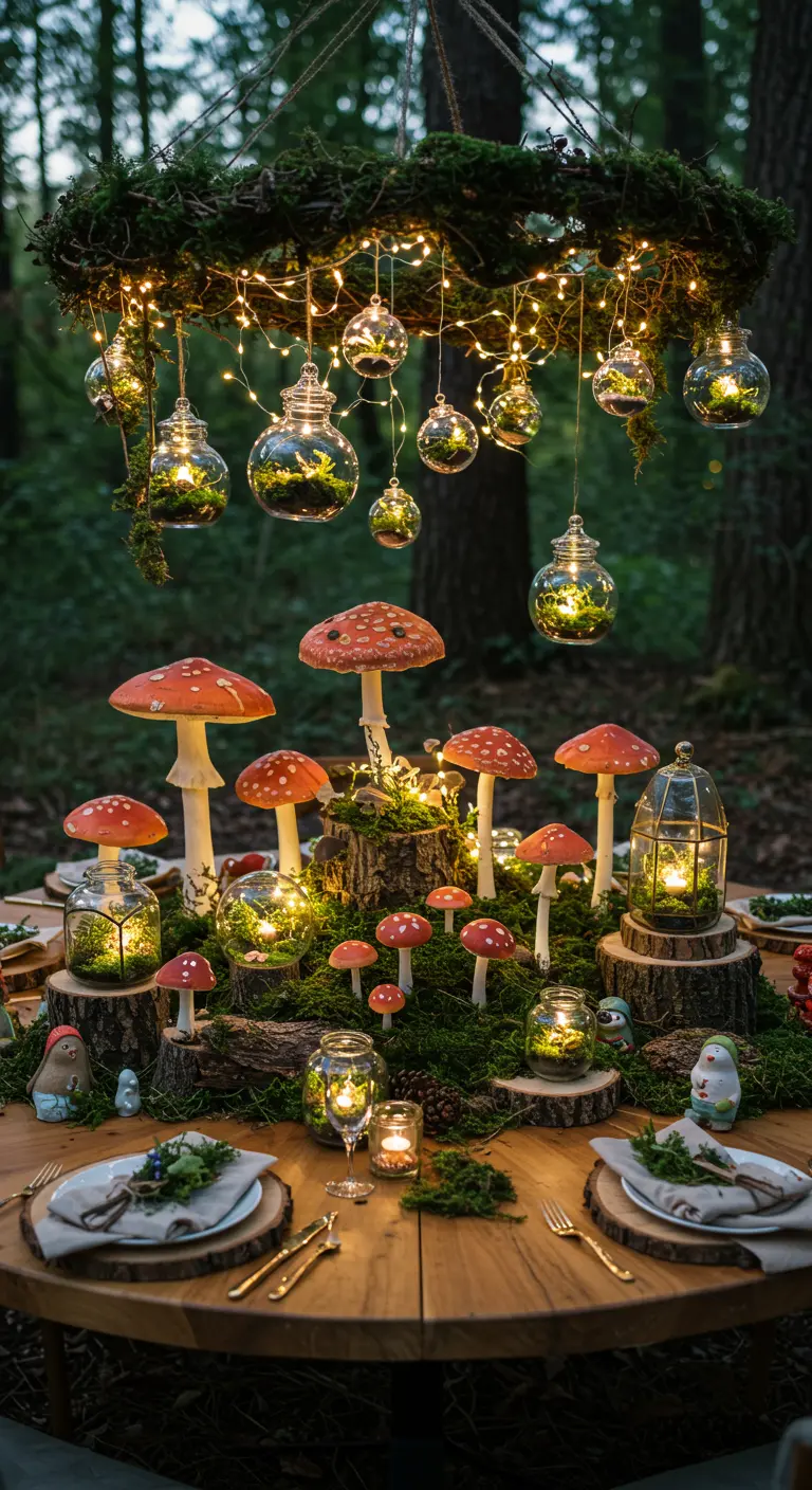Ronde houten tafel in bos met kunstmatige paddestoelen, mos, lichtjes en hangende glazen bollen.