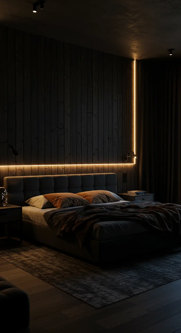 Donkere houten lattenwand met subtiele LED-verlichting boven het bed in een sfeervolle slaapkamer.