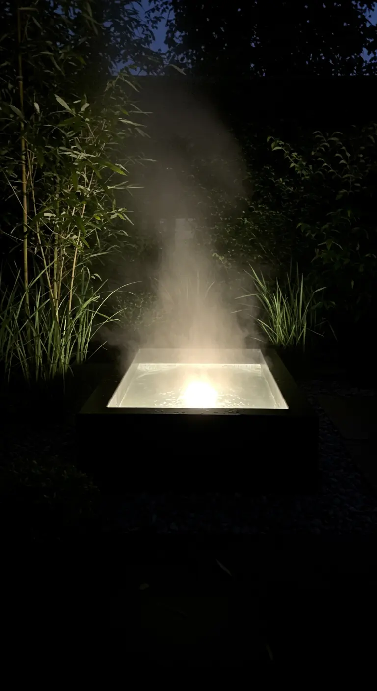 Donkere vierkante vijver met een lamp en mist die opstijgt, 's nachts in een tuin.
