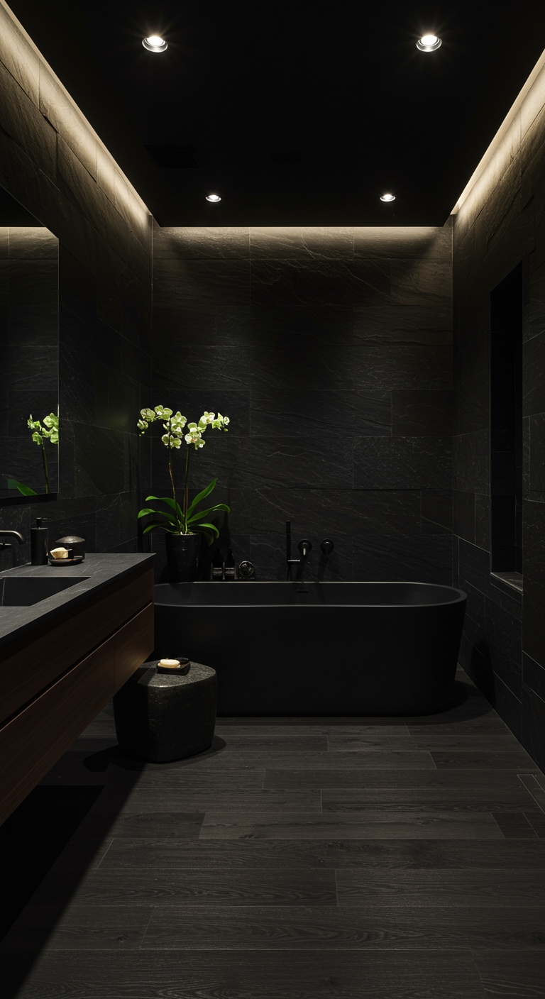 Donkere luxe badkamer met zwarte muren, zwart bad en orchidee.