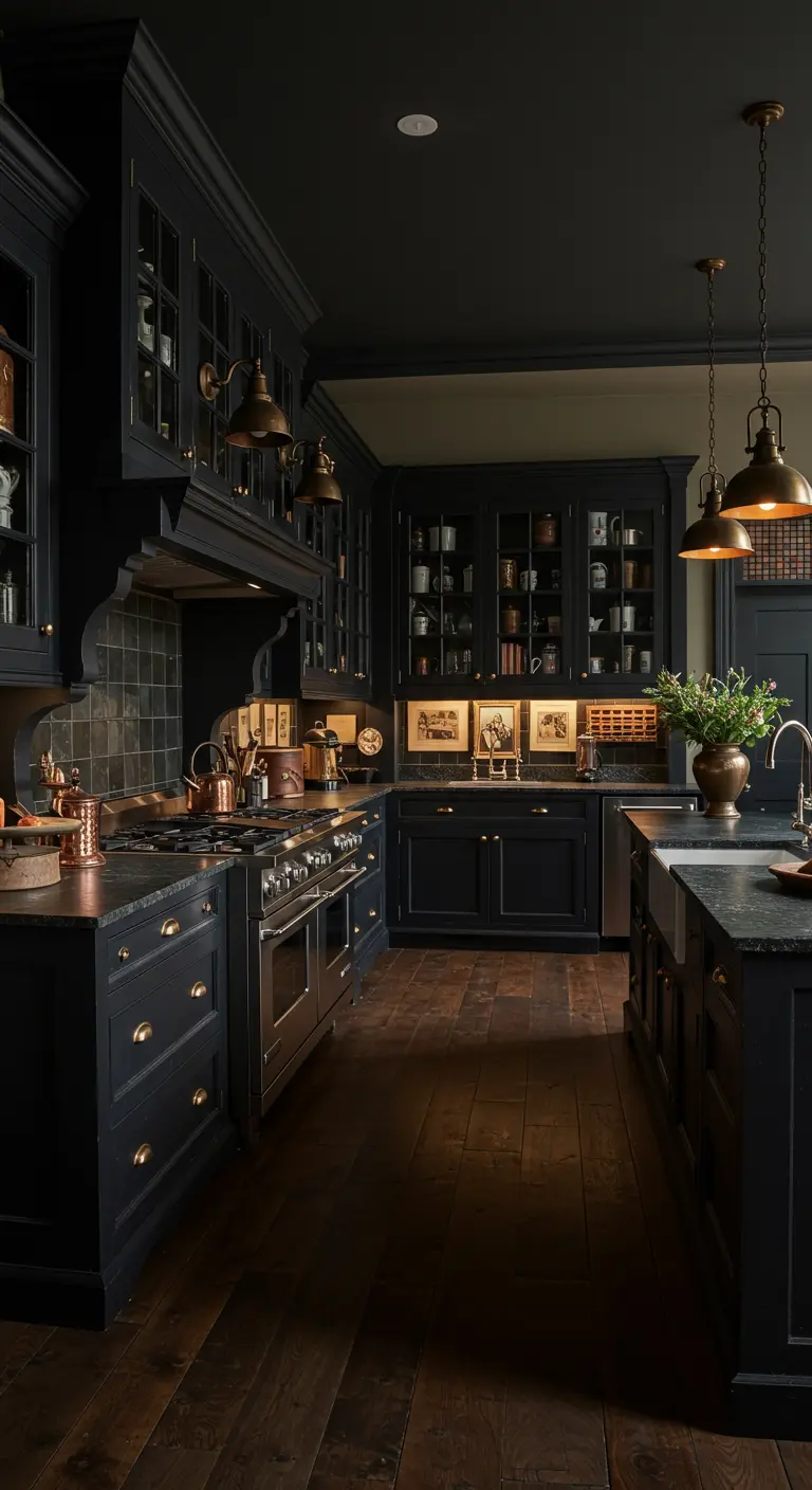 Donkergrijze/zwarte keuken met glazen kasten, warme verlichting en koperen accenten.