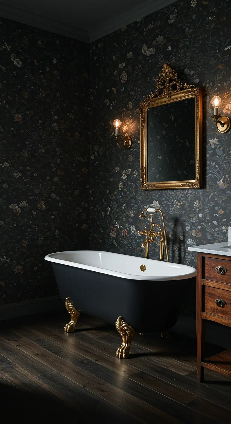 Donkere badkamer met bloemenbehang, zwart bad op gouden pootjes en vintage wandlampen.