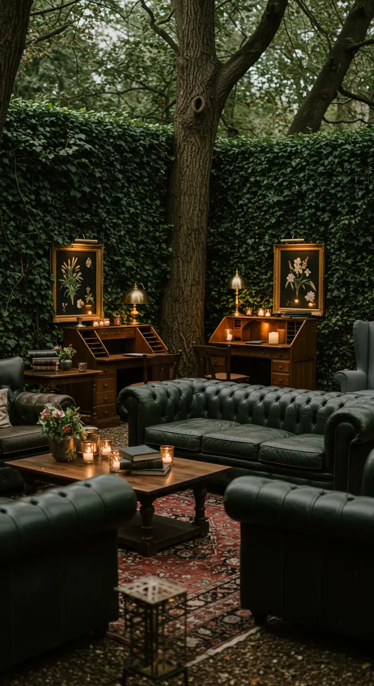 Donkere, klassieke lounge met leren Chesterfield banken, bureaus en kaarslicht.