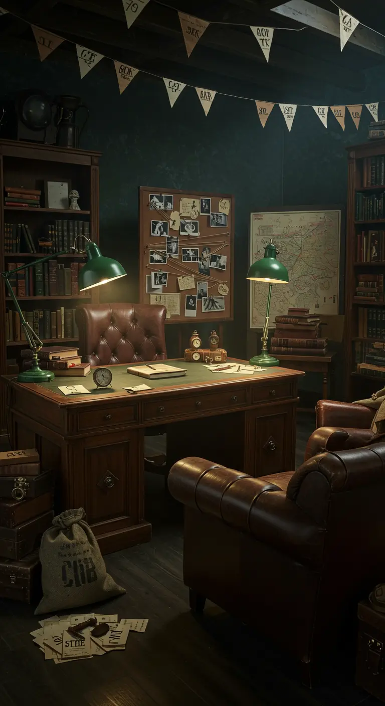 Donkere, sfeervolle studeerkamer ingericht als detectivekantoor met bureau, boeken en een prikbord.