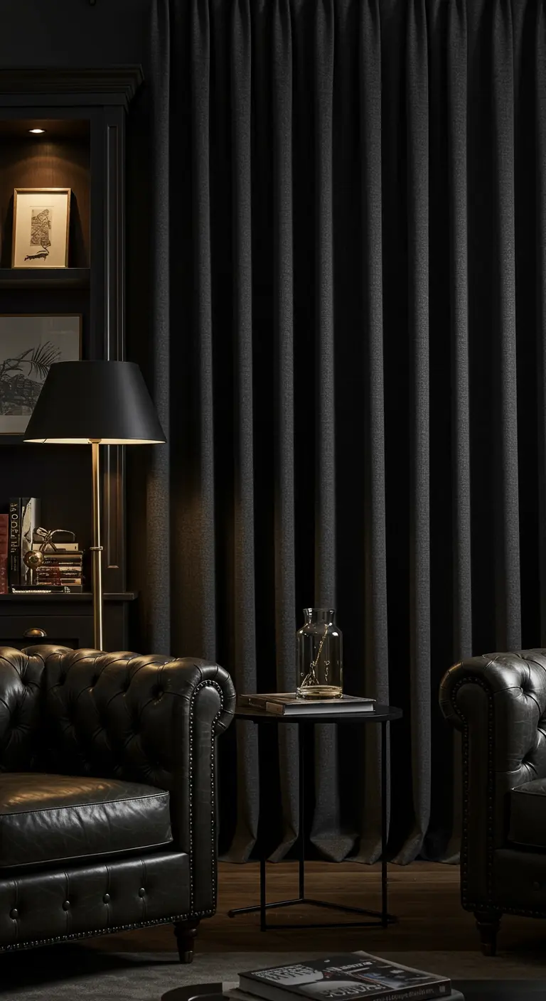 Zware, donkergrijze gordijnen in een donker en sfeervol interieur met leren fauteuil.