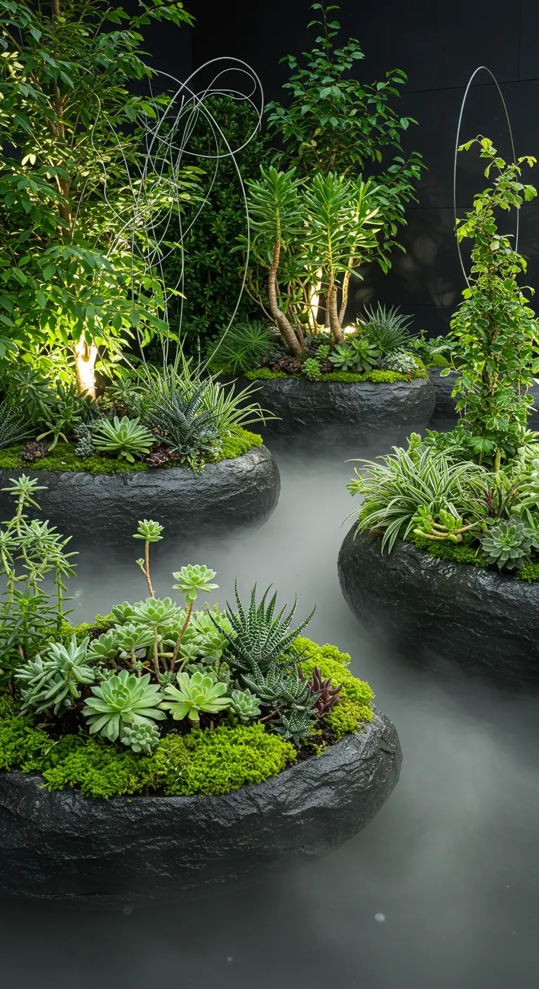 Moderne tuin met grote donkere potten gevuld met vetplanten en mos, omringd door mist.