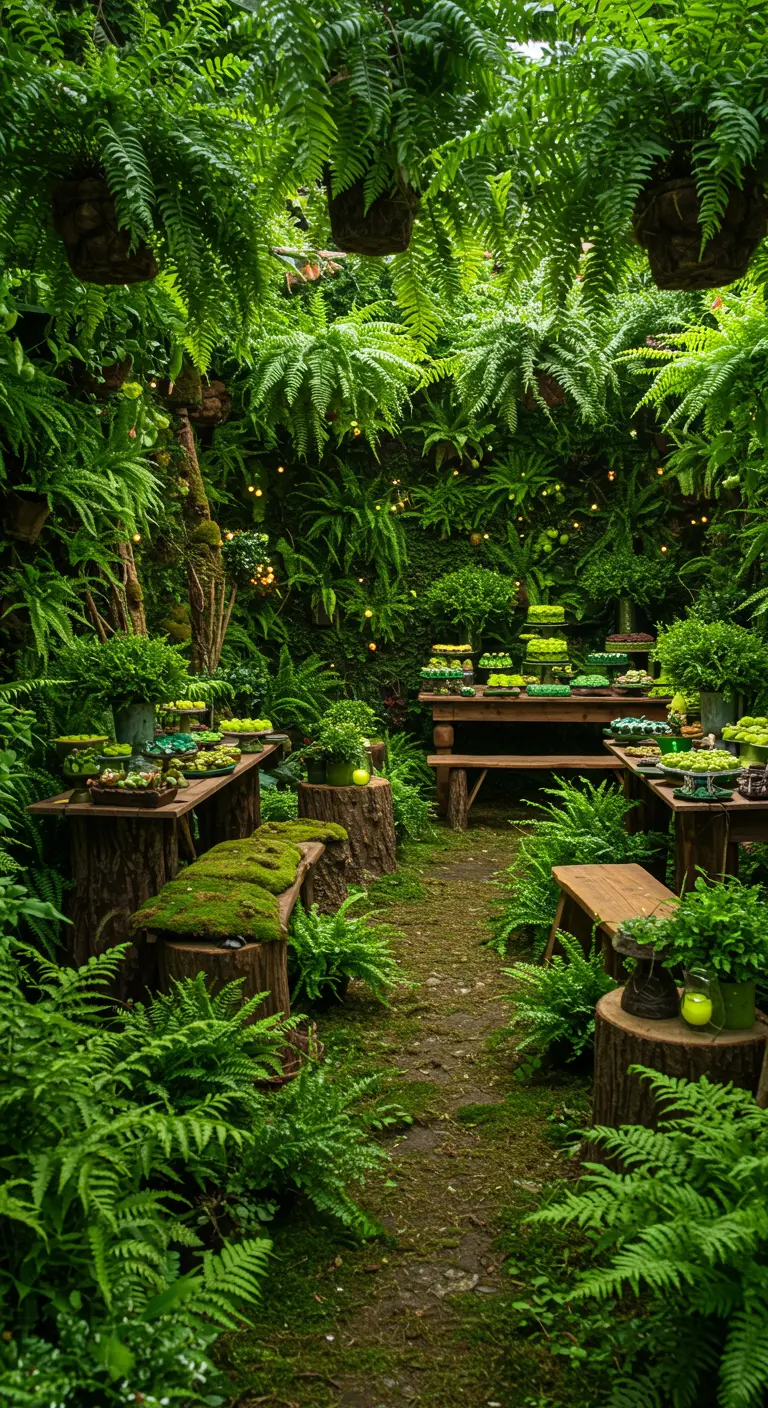 Buffet in een bosthema met boomstronken, mos, varens en groene hapjes.