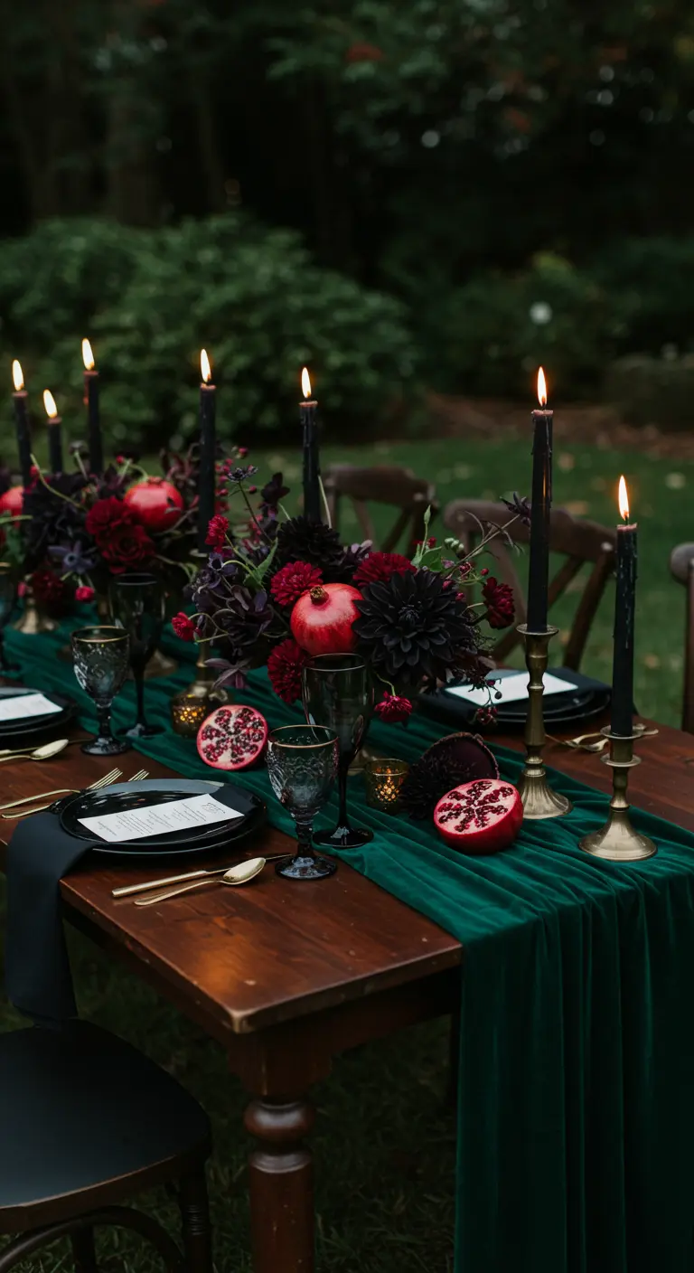 Donkere, sfeervolle tafel met groene fluwelen loper, zwarte kaarsen en granaatappels.