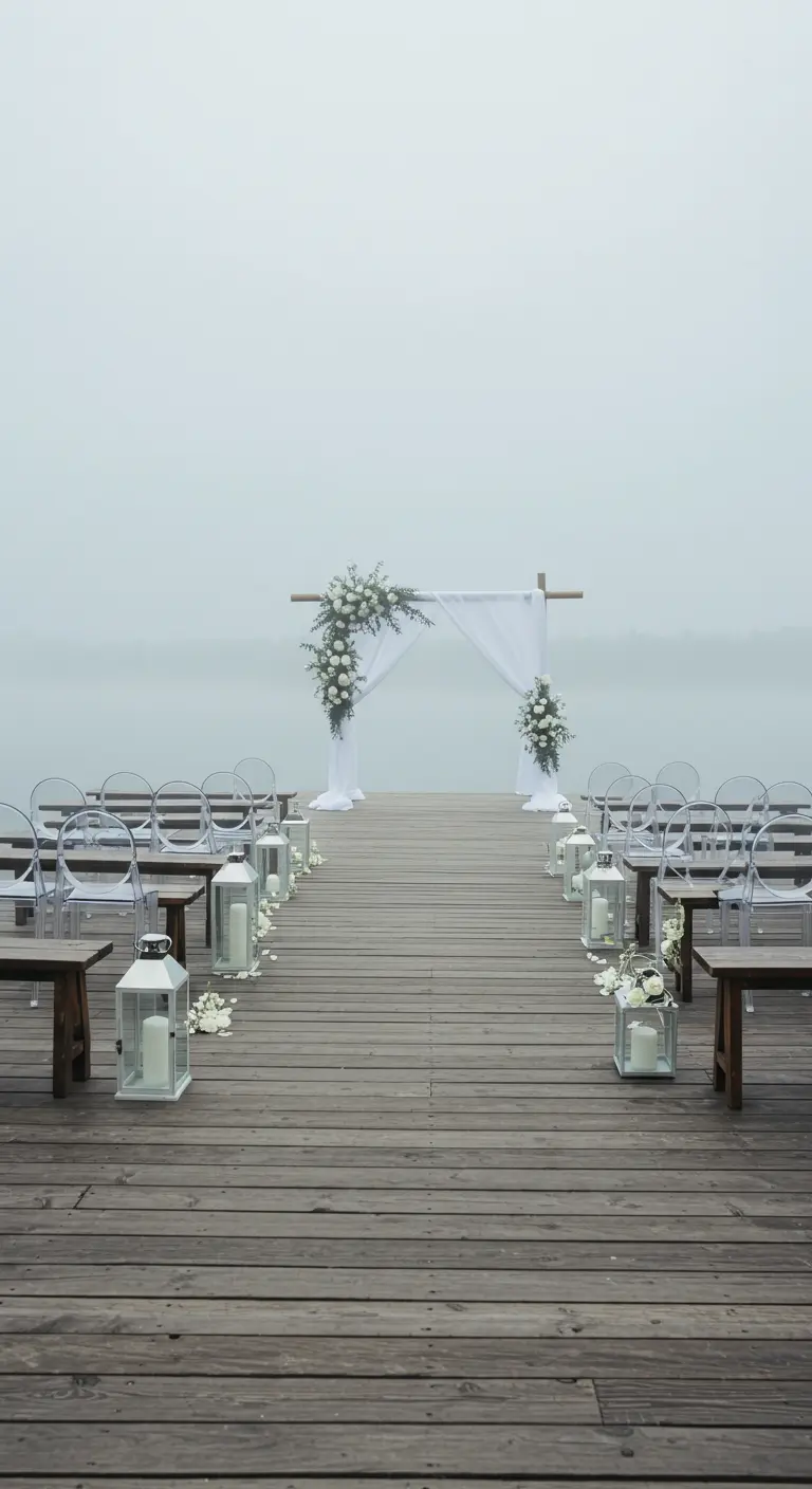 Ceremonieopstelling op een mistige pier met witte bloemen en lantaarns.