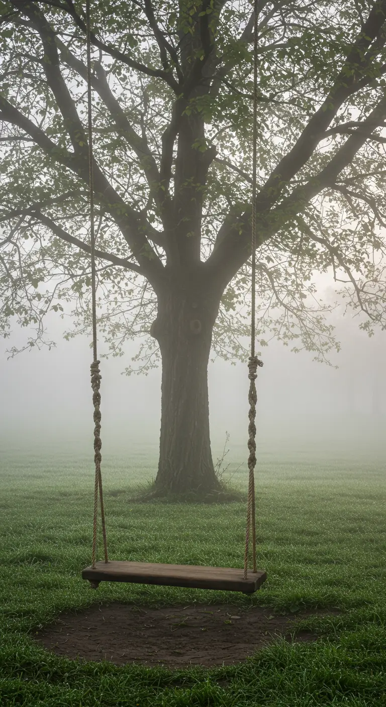 Boomstam-schommel aan touwen in mistig grasveld onder grote boom, vredig en sereen.