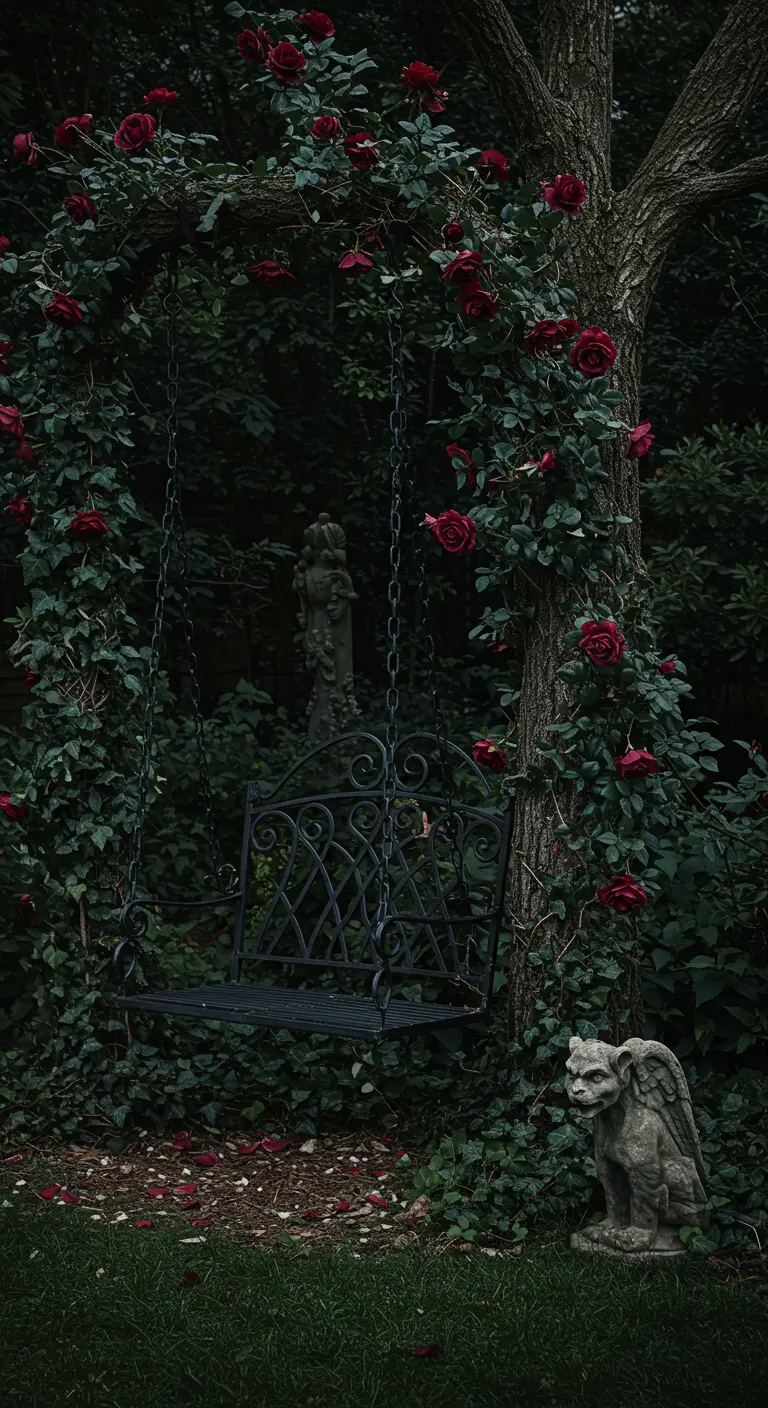 Zwarte metalen schommelbank in een donkere, romantische tuin met rode rozen en een stenen beeld.
