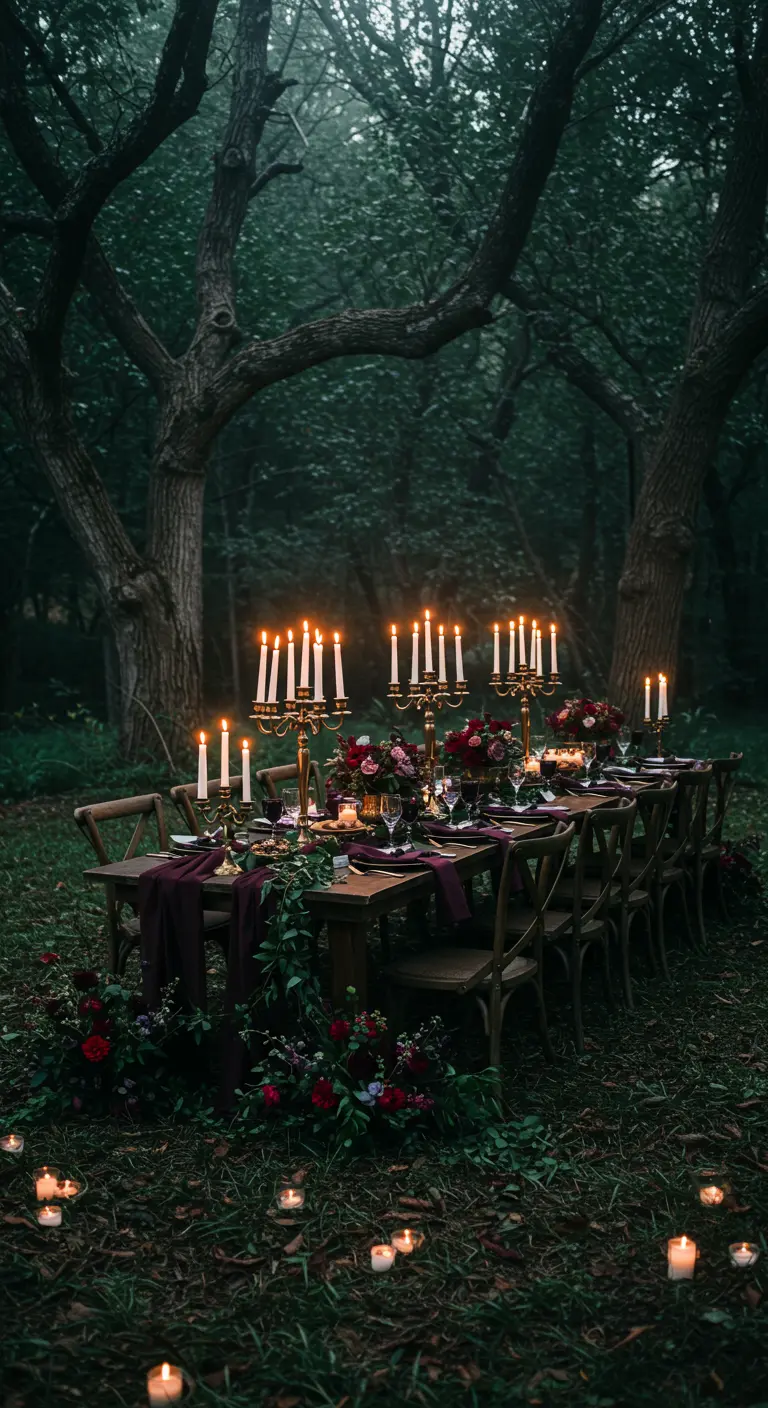 Intiem bruiloftsdiner in een mistig bos met kaarslicht en donkere bloemen.