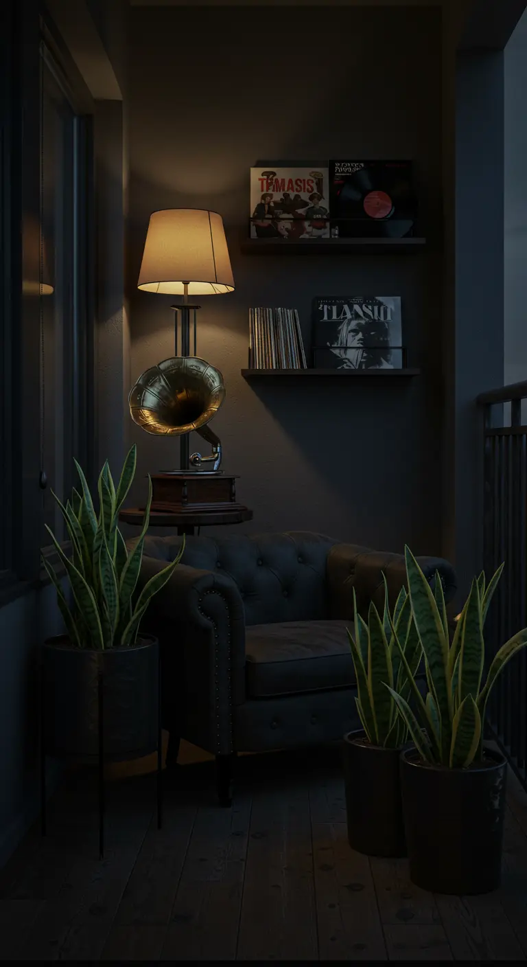 Donker balkon met leren fauteuil, grammofoon, vinylplaten en planten.