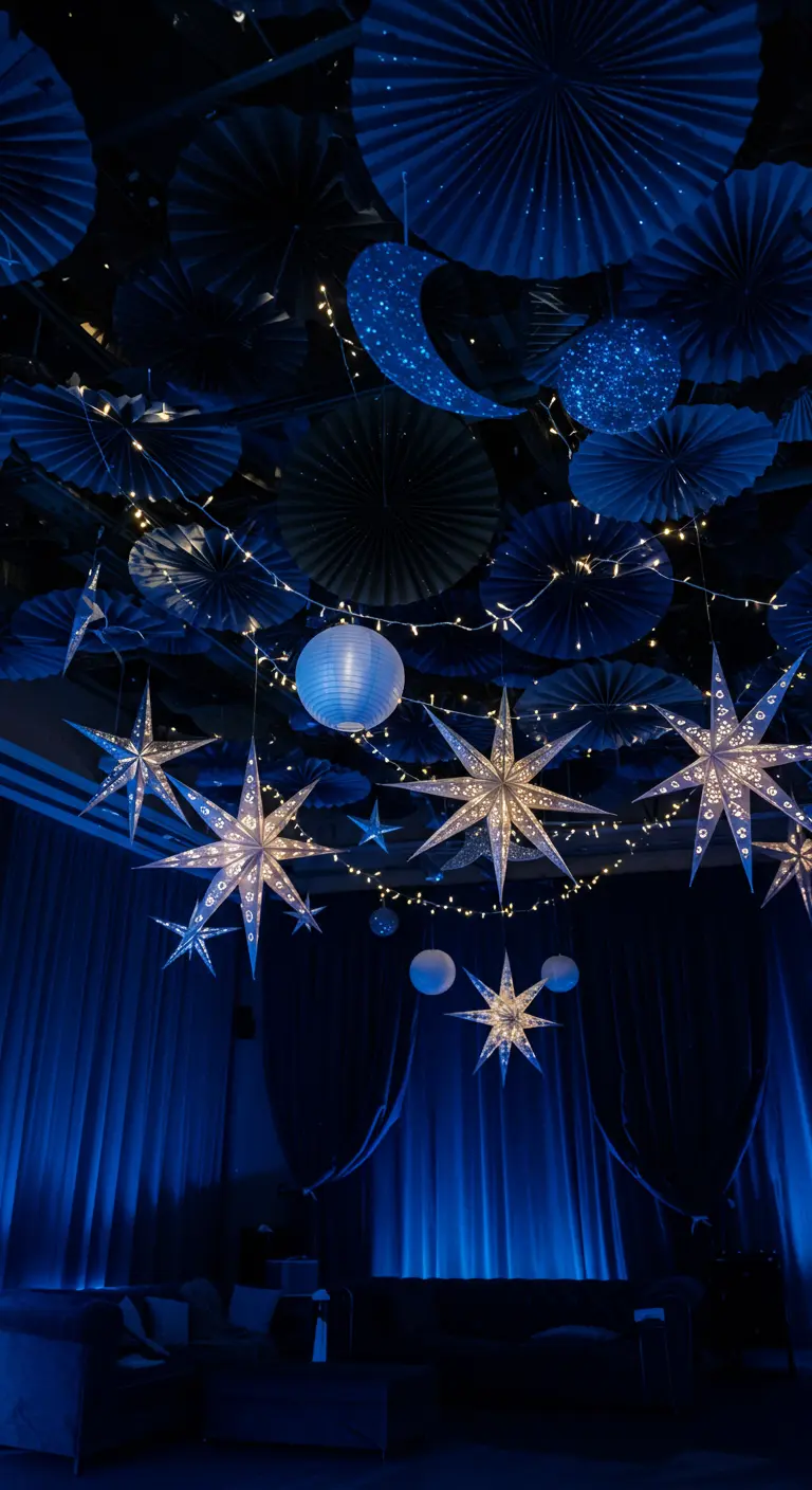Donkerblauw plafond versierd met papieren waaiers, lampionnen en lichtgevende sterren.