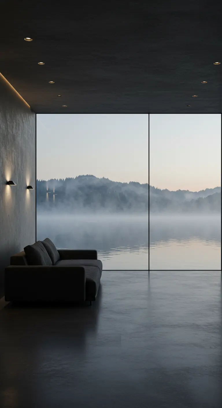 Minimalistische donkere woonkamer met uitzicht op een mistig meer bij zonsopgang.