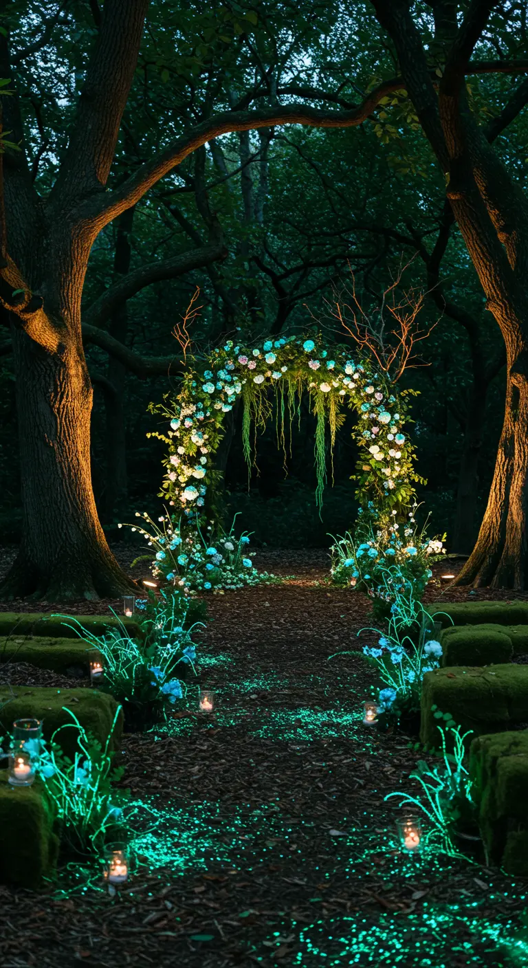 Bostrouwceremonie 's nachts met bloemenboog en blauwgroene oplichtende accenten.