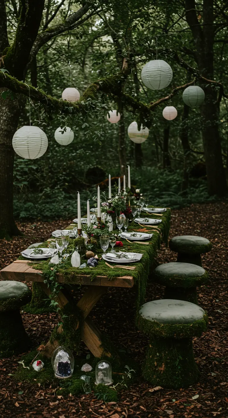 Donkere, mystieke bosontbijttafel met veel kaarsen, mos en natuurlijke decoraties.