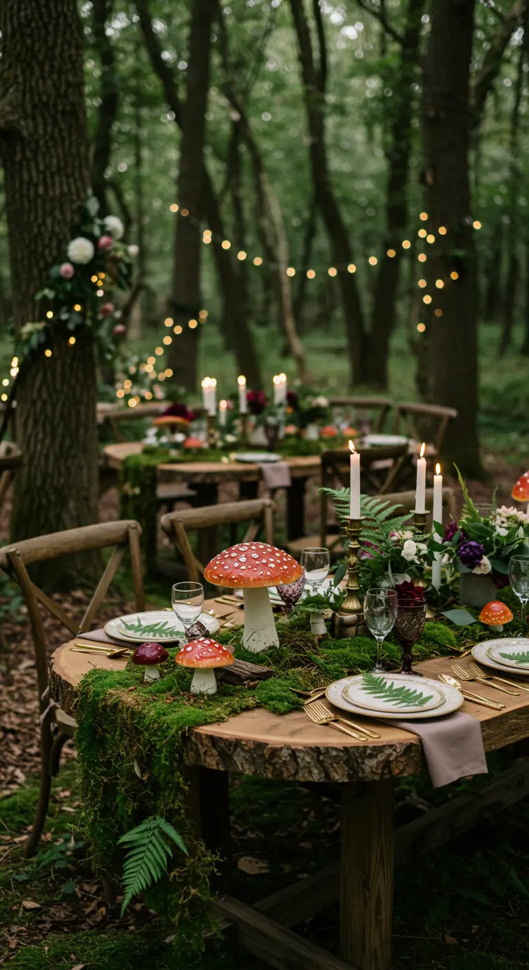 Houten tafel met mos, paddenstoelen en varens in een bossetting met kaarsen