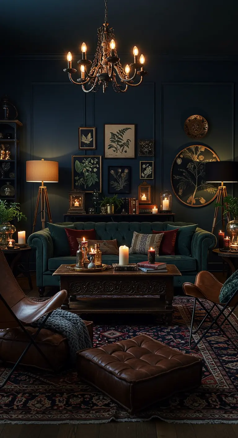 Donkere boho woonkamer met marineblauwe muren, groene fluwelen bank en gouden accenten.