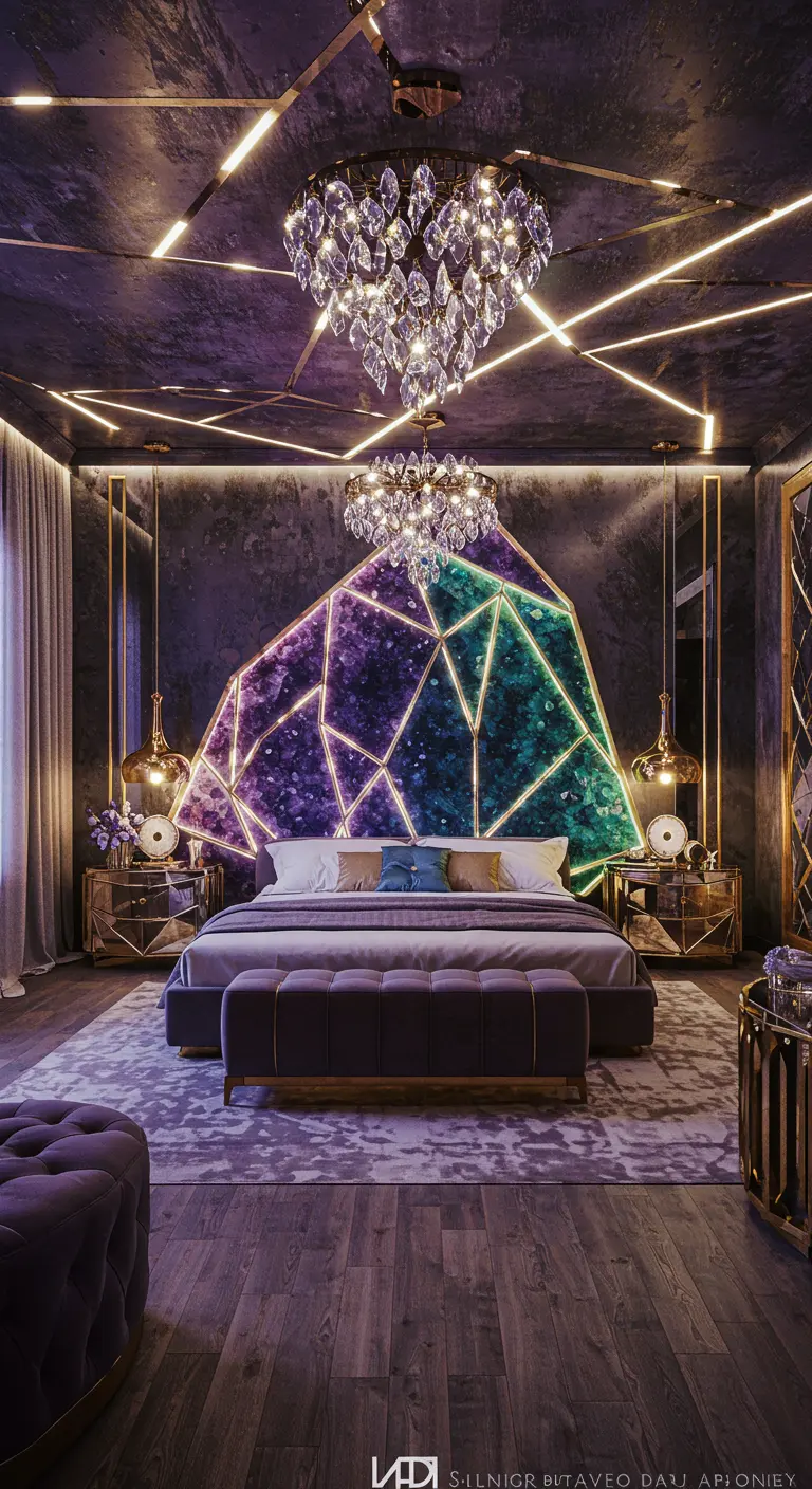 Luxe slaapkamer met geode-geïnspireerd hoofdbord in paars en groen met gouden lijnen.