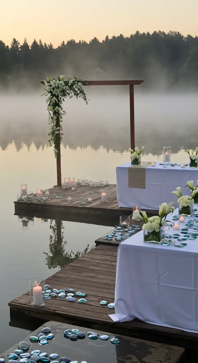 Trouwceremonie aan meer met houten boog, witte bloemen, kaarsen en glasstenen.