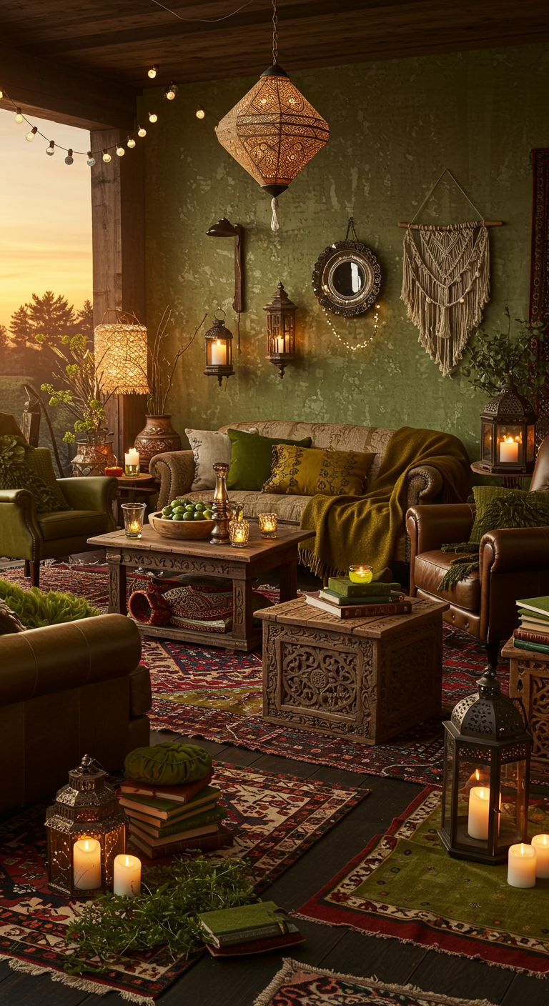 Bohemian woonkamer met donker olijfgroene muren en veel sfeerverlichting.