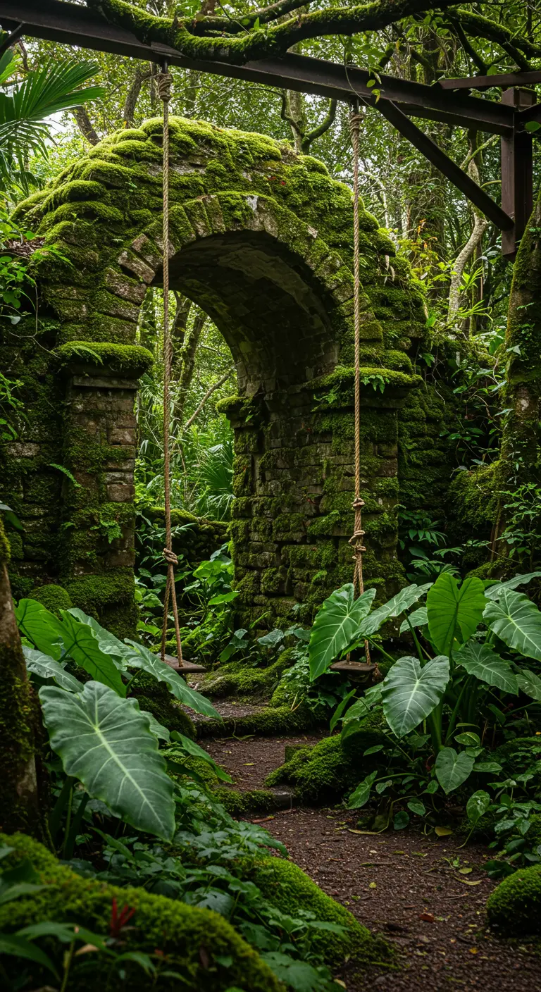 Mosbegroeide stenen boog met een houten schommel in een dichte, groene bosomgeving.