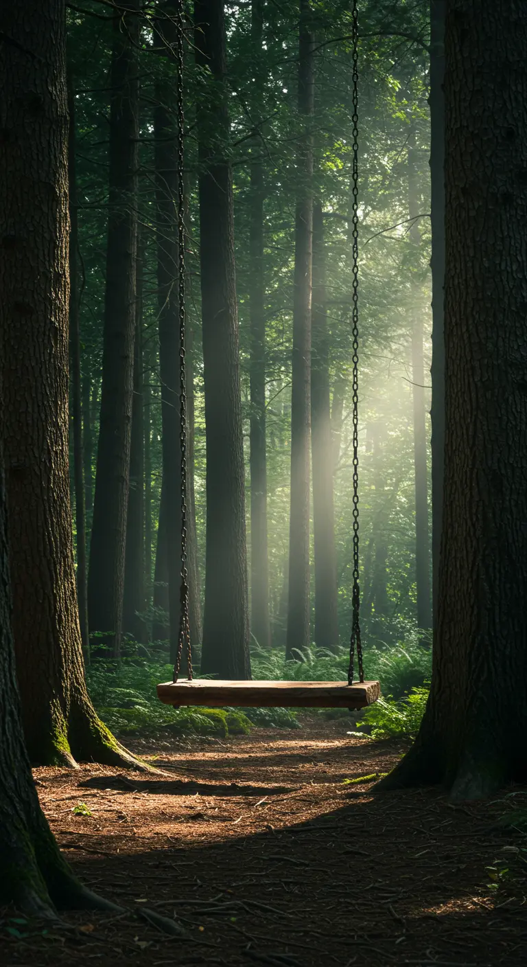 Enkele houten plank schommel met kettingen in een mystiek, zonovergoten bos.