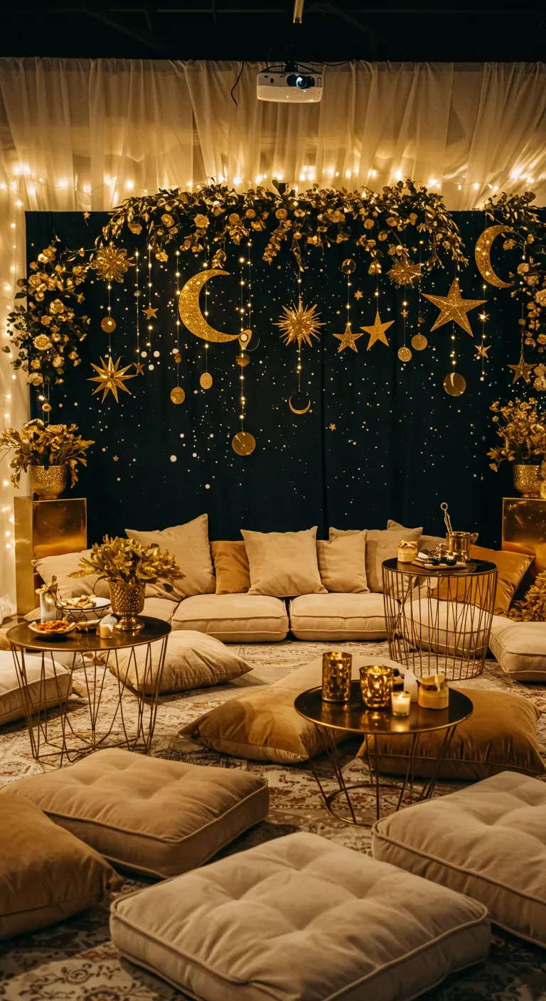 Lounge setting met donkere achtergrond, gouden sterren en manen, en beige kussens op de grond.