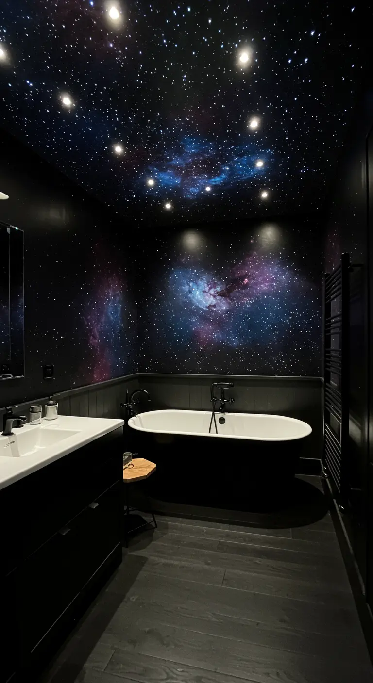 Donkere badkamer met plafond behangen met een sterrenstelselprint.
