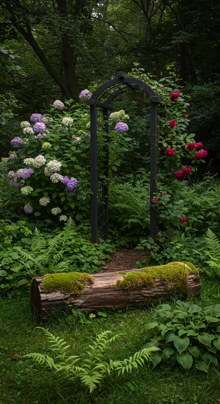 Donkere metalen rozenboog met rode rozen, omringd door hortensia's en een boomstam bankje.