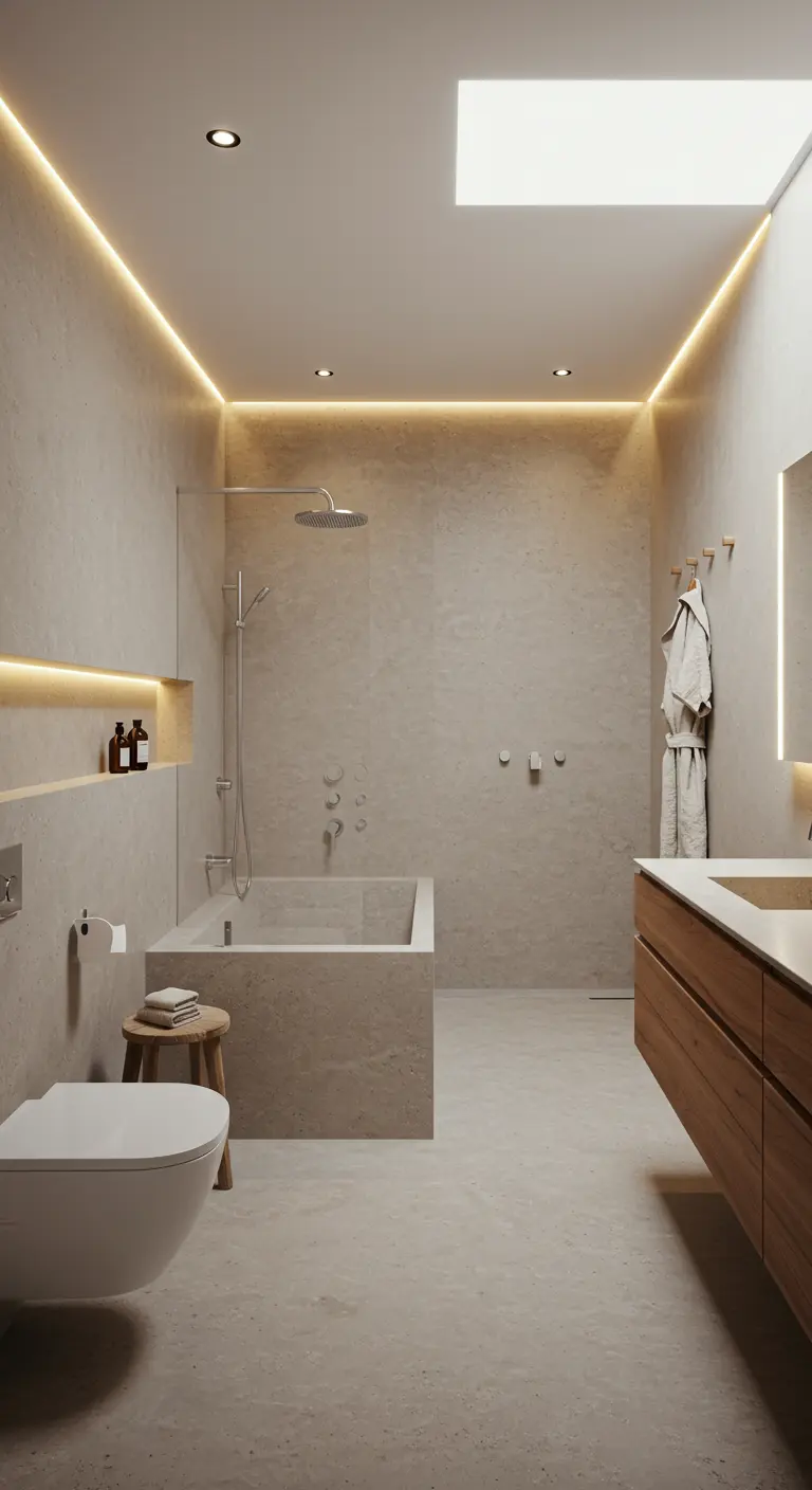 Moderne minimalistische badkamer met beton ciré op muren en bad, indirecte LED-verlichting.