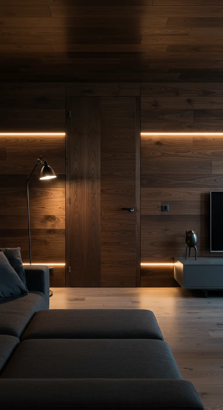 Donkerhouten deur naadloos geïntegreerd in een wandpaneel, met sfeervolle LED-verlichting.