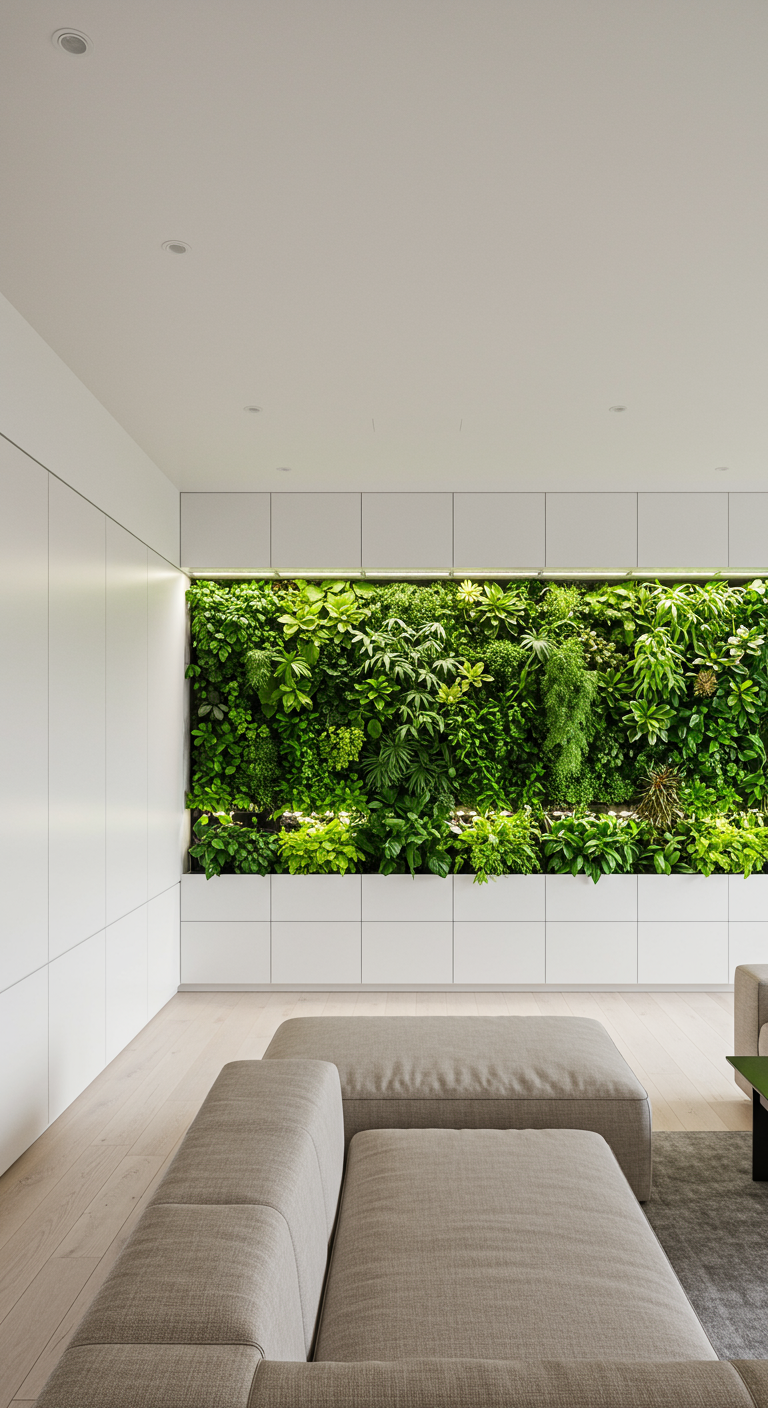 Strakke witte kastenwand met een geïntegreerde, verlichte groene plantenwand.