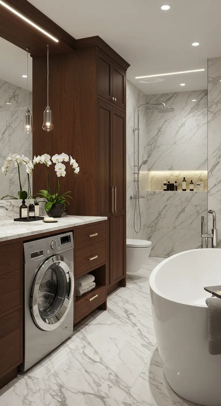 Wasmachine in een donkerhouten kast in een luxe marmeren badkamer.