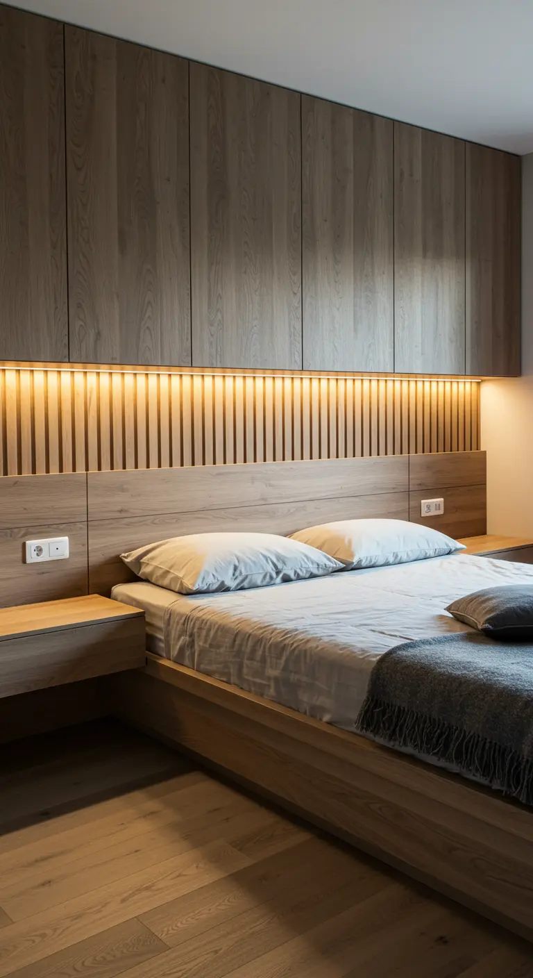 Houten lattenwand die overloopt in een kastenwand, met geïntegreerde LED-verlichting.