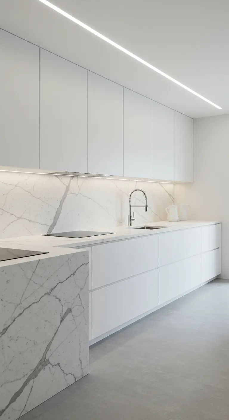 Strakke witte keuken waar het wit marmeren werkblad doorloopt in de zijkant van het eiland.