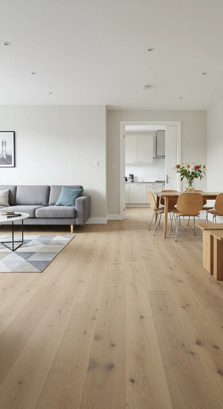 Open woonkamer en eetgedeelte met doorlopende lichte houten vloer en grijze bank.