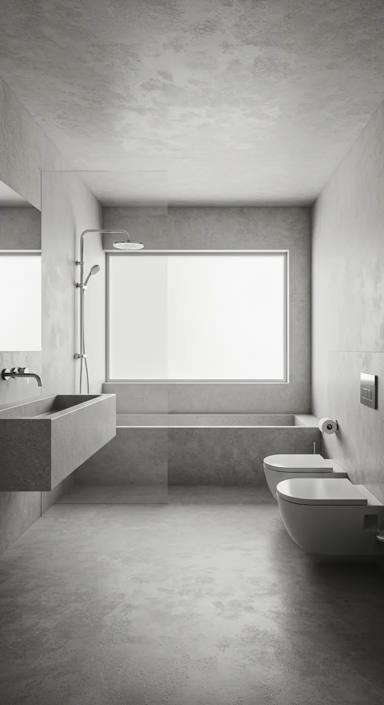 Minimalistische wabi-sabi badkamer met naadloze betonlook op vloer, wanden en badombouw.