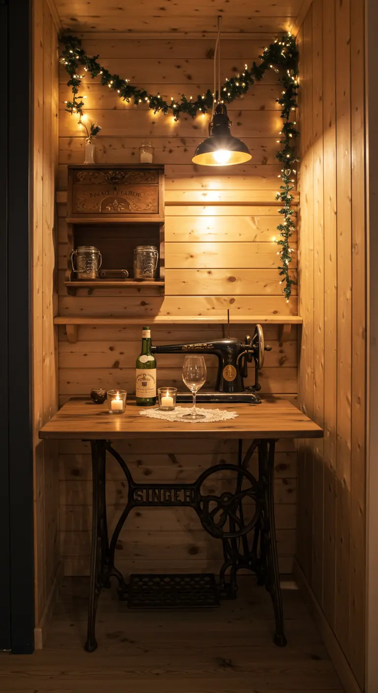 Oude Singer naaimachine omgebouwd tot tafeltje in een houten nis, met sfeerverlichting en wijnglas.