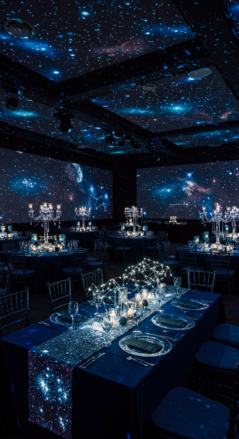 Feestzaal met sterrenhemelprojectie, donkerblauwe tafels en kaarslicht.