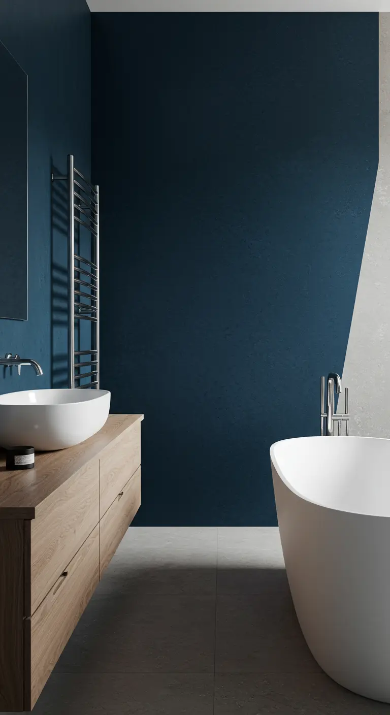 Moderne badkamer met diepblauwe muren, licht houten meubel en wit sanitair.
