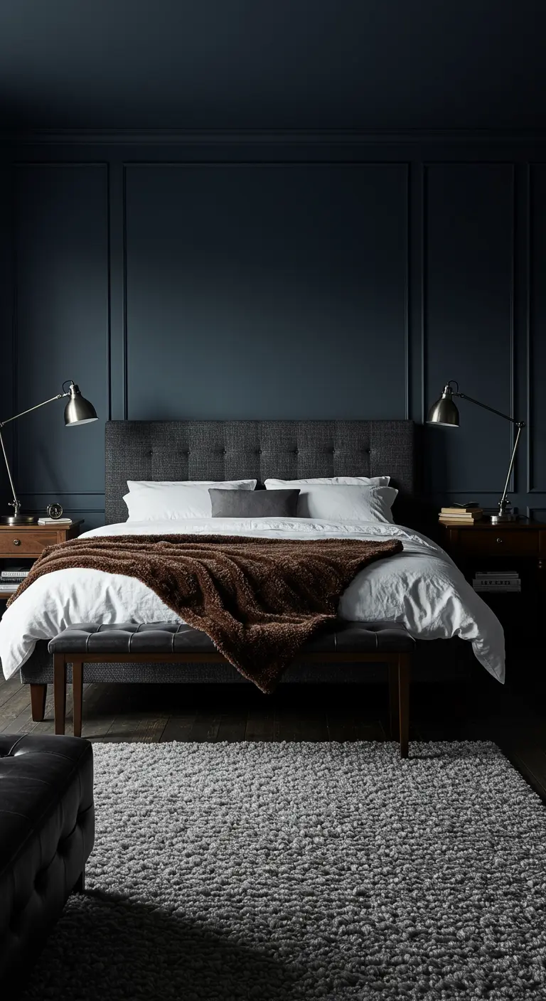 Donkerblauwe slaapkamer met grijs bed, donkerbruin teddy plaid en grijs tapijt.