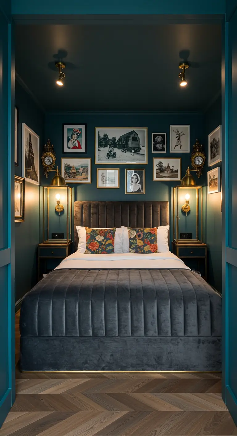 Donkerblauwe slaapkamer met fluwelen bed, gouden accenten en gallery wall.