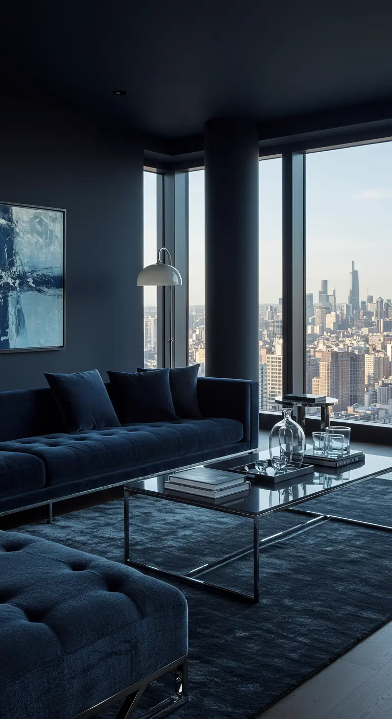 Moderne stadswoonkamer in nachtblauw en marineblauw met panoramisch uitzicht.